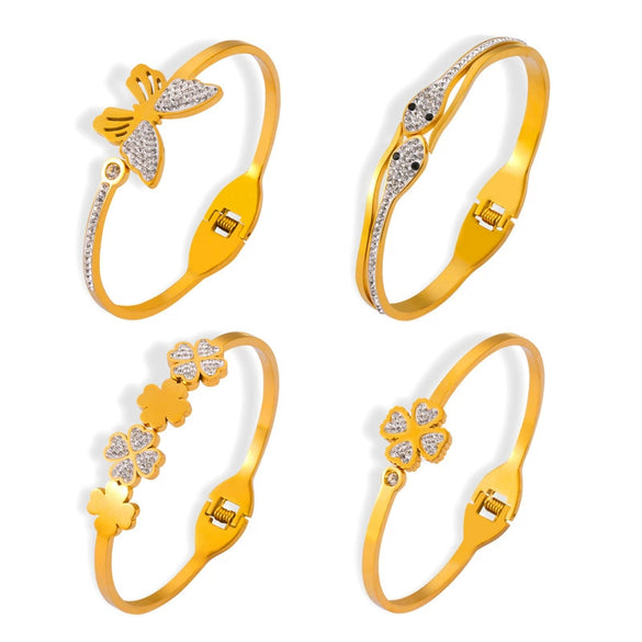 316L Stainless Steel Gold Plated Niche Geometric Fourleaf Love Diamond Butterfly Design Bracelet