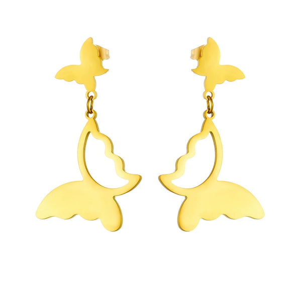 Titanium Steel Gold Plated Polished Hollow Butterfly Pendant Earrings For Women