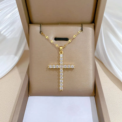 Titanium Steel Gold Plated Simple Style Classic Style Inlay Cross Zircon Pendant Necklace