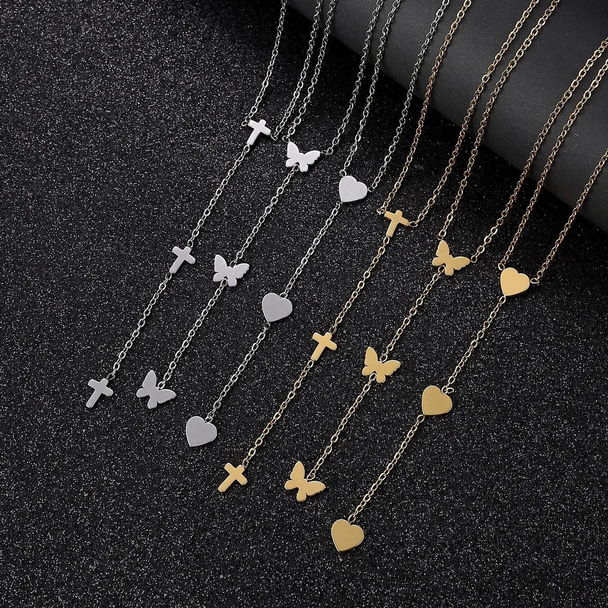 Titanium Steel Gold Plated Simple Style Cross Heart Shape Butterfly Pendant Necklace