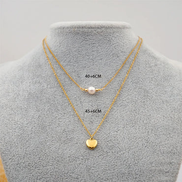 Titanium Steel Gold Plated Simple Style Heart Shape Inlay Artificial Pearls Double Layer Necklaces Sweater Chain