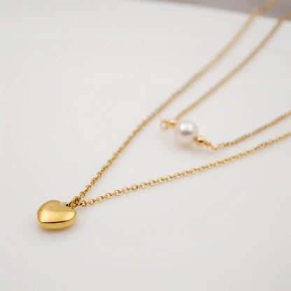 Titanium Steel Gold Plated Simple Style Heart Shape Inlay Artificial Pearls Double Layer Necklaces Sweater Chain