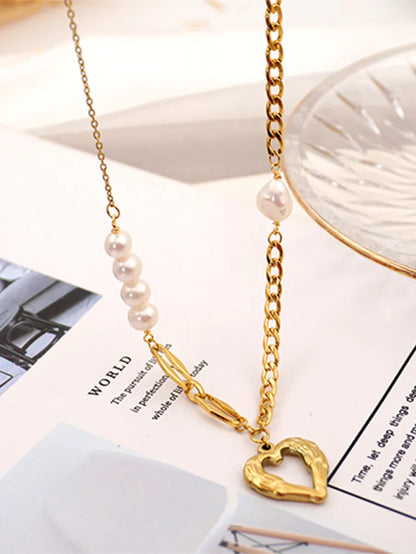 Titanium Steel Gold Plated Simple Style Heart Shape Inlay Artificial Pearls Pendant Necklace