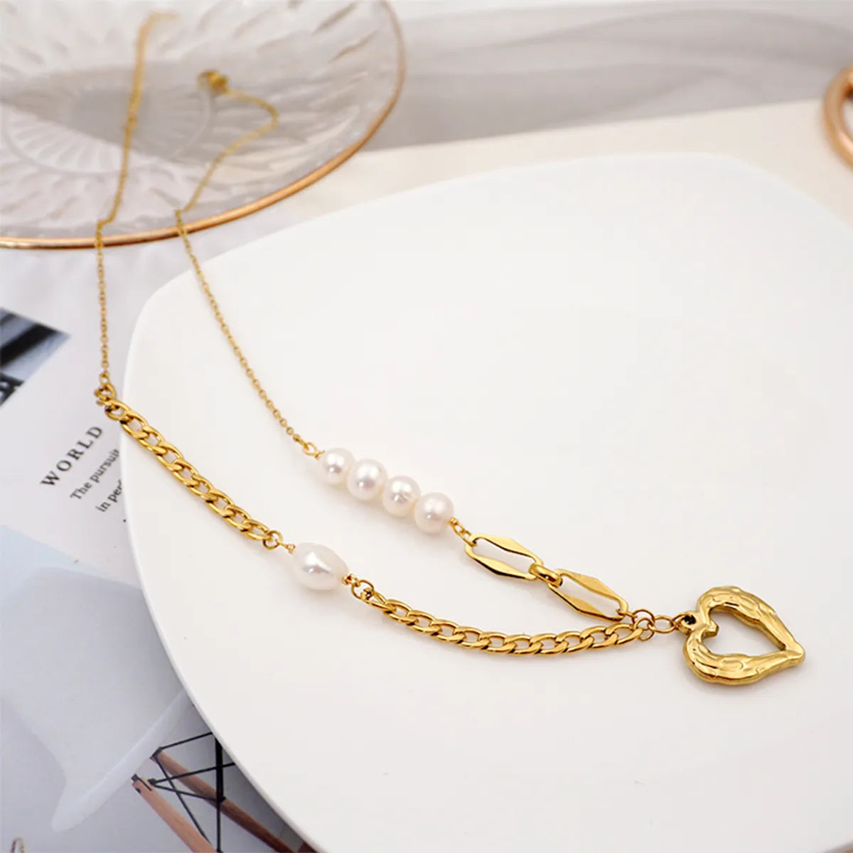 Titanium Steel Gold Plated Simple Style Heart Shape Inlay Artificial Pearls Pendant Necklace