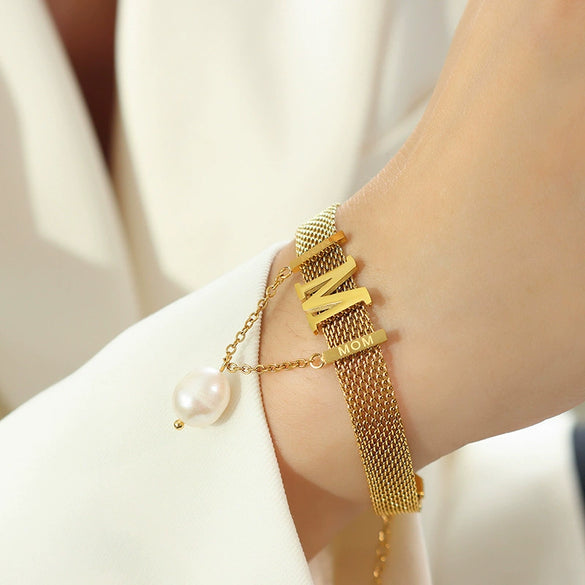Titanium Steel Gold Plated Women's Jewelry Set With Letter M Tassel Pearl Collar Necklace And Bracelet