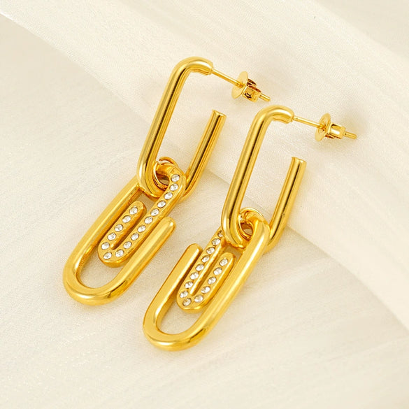 Titanium Steel Goldplated Diamondencrusted Paperclip Design Women's Earrings