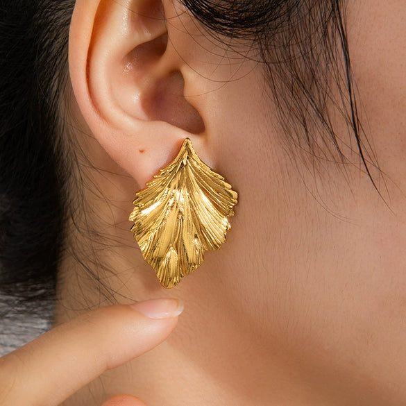 Titanium Steel Goldplated Geometric Leaf Earrings For Women
