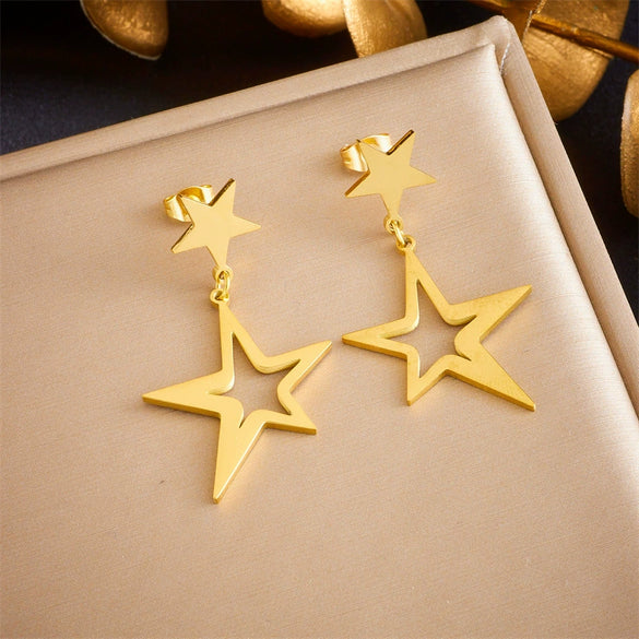 Titanium Steel Goldplated Hollow Irregular Fivepointed Star Pendant Earrings For Women Fashion Creative Design