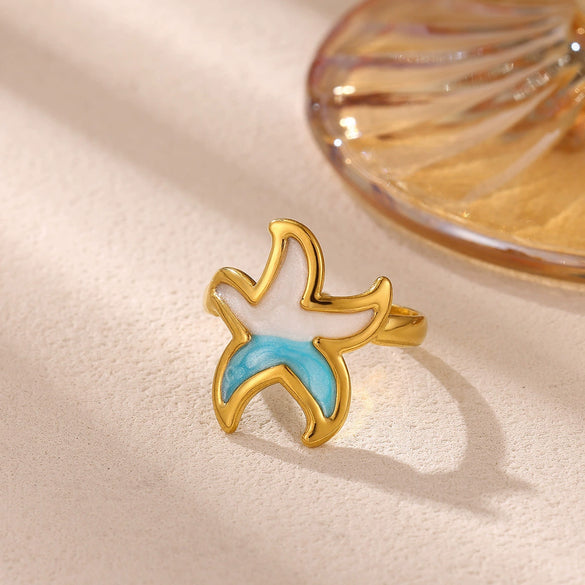 Titanium Steel Goldplated Open Ring With Starfish Design And Zircon Accents For Women