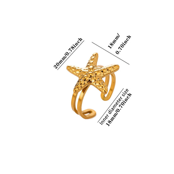 Titanium Steel Goldplated Open Ring With Starfish Design And Zircon Accents For Women