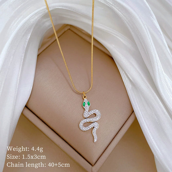 Titanium Steel Greeneyed Snake Minimalistic Style Gold Plated Necklace With Geometric And Cartoon Patterns