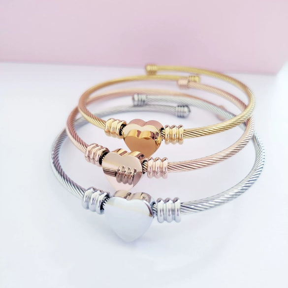 Titanium Steel Handmade Peach Heart Adjustable Wire Rope Bracelet