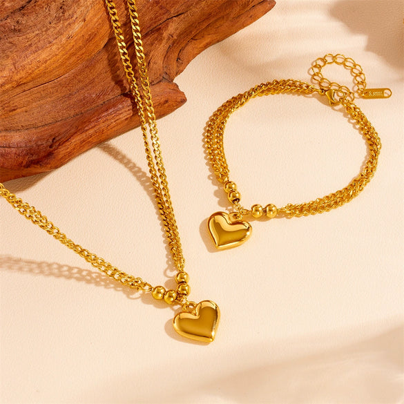 Titanium Steel Heart And Round Pattern Love Jewelry Set Necklace And Bracelet Electroplating Style For Women