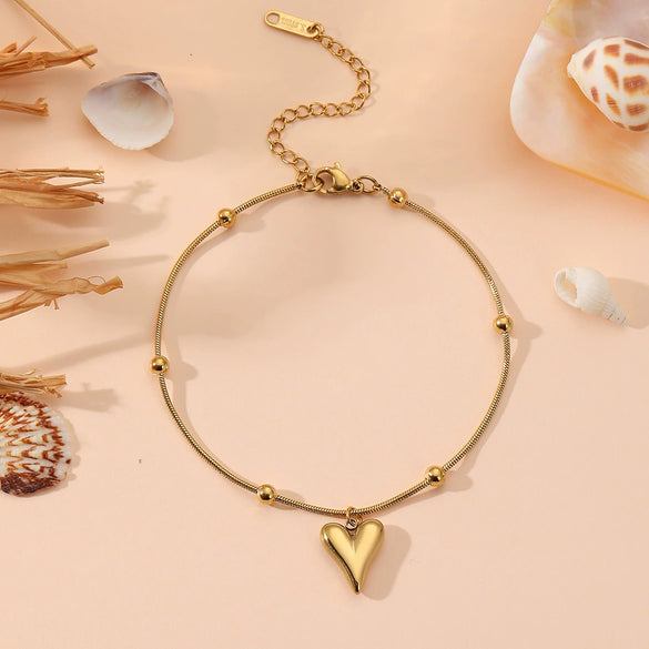 Titanium Steel Heart Bead Snake Chain Bracelet Anklet For Women Electroplated Cartoon Style