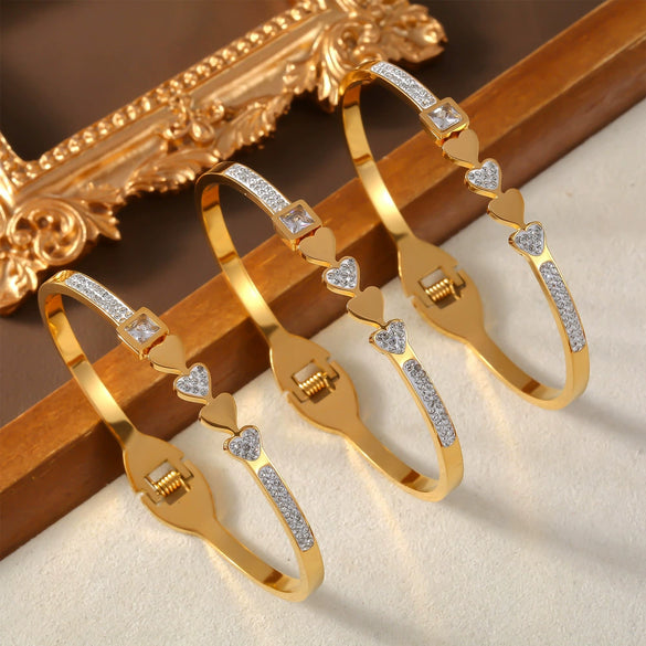 Titanium Steel Heart Diamondencrusted Electroplated Elastic Open Fashion Bracelet Fadeless Jewelry