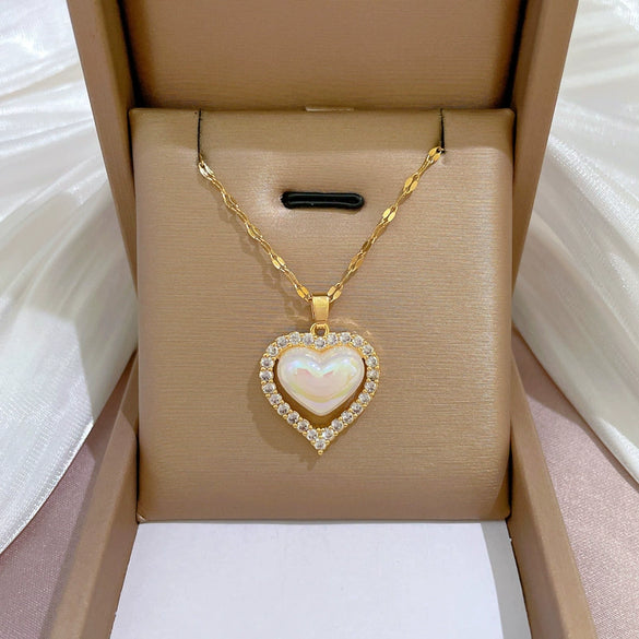 Titanium Steel Heart Mermaid Style Necklace With Zircon And Micropaved Diamond Pendant Copper Electroplated Real Gold