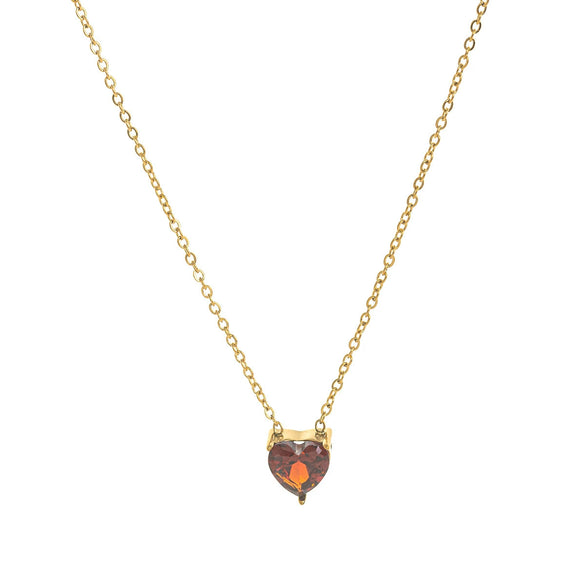 Titanium Steel Heart Shape Birthstone Pendant Necklace Electroplated O Word Chain Unisex