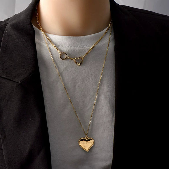 Titanium Steel Heart Shape Pendant Necklace Electroplated Love Lettering Doublelayered Versatile Simple Fashion For Women