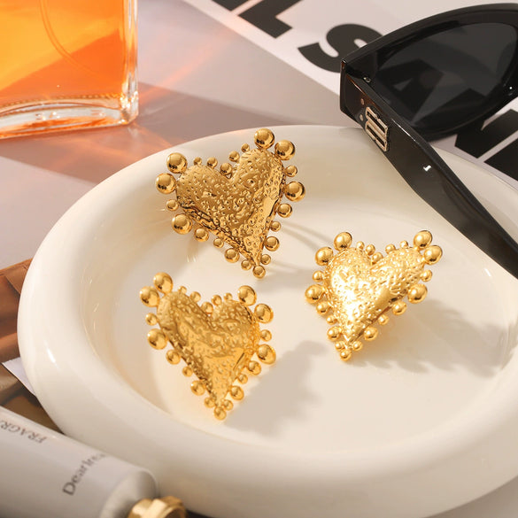 Titanium Steel Heart Shaped Ring And Earrings With Hammer Pattern And Exaggerated Design Electroplated