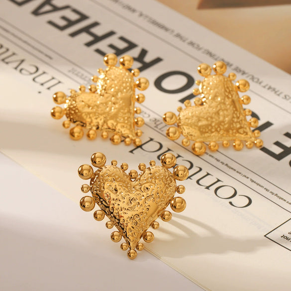 Titanium Steel Heart Shaped Ring And Earrings With Hammer Pattern And Exaggerated Design Electroplated