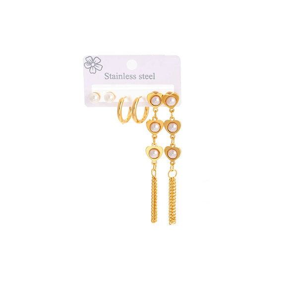 Titanium Steel Heart Tassel And Pearl Earrings Set For Women Electroplated Fashion Geometric Style