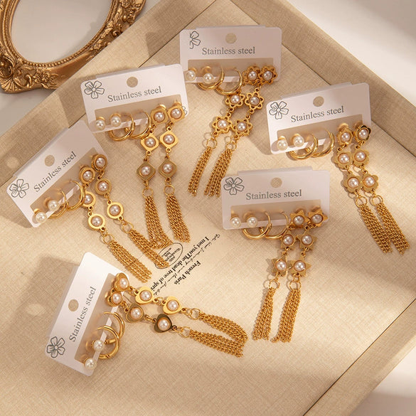 Titanium Steel Heart Tassel And Pearl Earrings Set For Women Electroplated Fashion Geometric Style