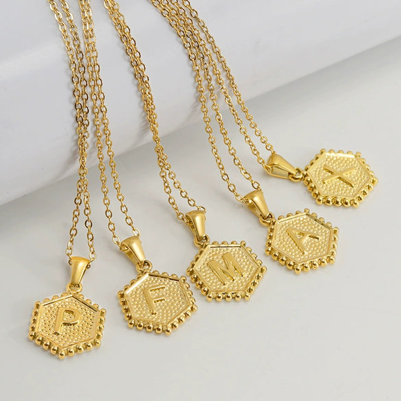 316L Stainless Steel Hexagonal Letter Pendant Necklace For Women With Electroplating And Ochain
