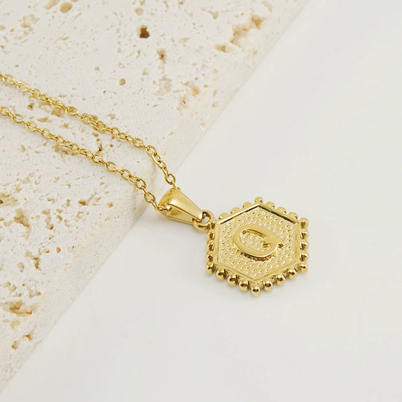316L Stainless Steel Hexagonal Letter Pendant Necklace For Women With Electroplating And Ochain