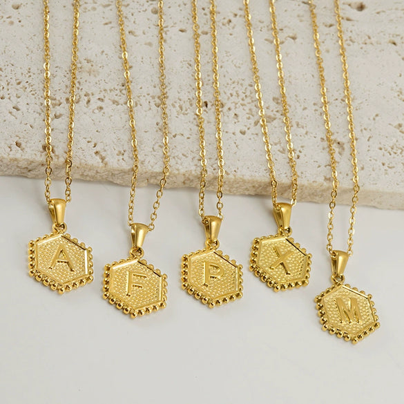 316L Stainless Steel Hexagonal Letter Pendant Necklace For Women With Electroplating And Ochain