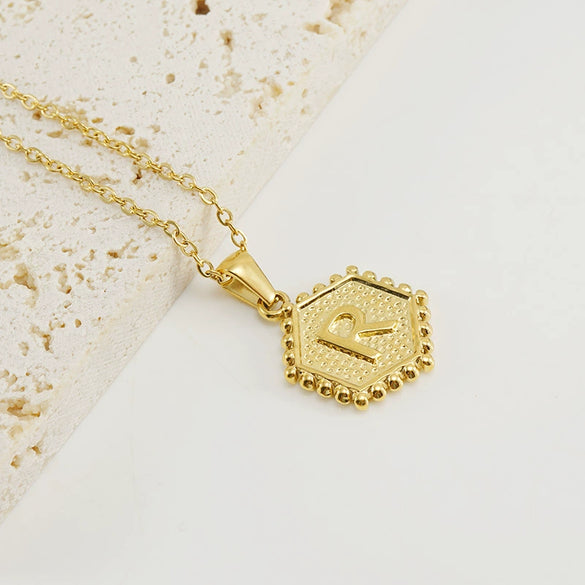 316L Stainless Steel Hexagonal Letter Pendant Necklace For Women With Electroplating And Ochain