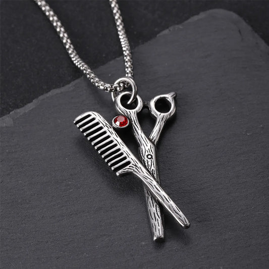 304 Stainless Steel Hip-Hop Punk Scissors COMD Hammer Turquoise Glass Stone Pendant Necklace