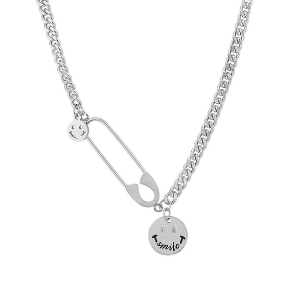 Titanium Steel Hiphop Necklace With Smiley Pin Pendant Geometric Design Electroplated For Men And Women
