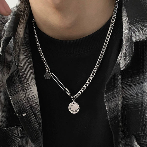 Titanium Steel Hiphop Necklace With Smiley Pin Pendant Geometric Design Electroplated For Men And Women