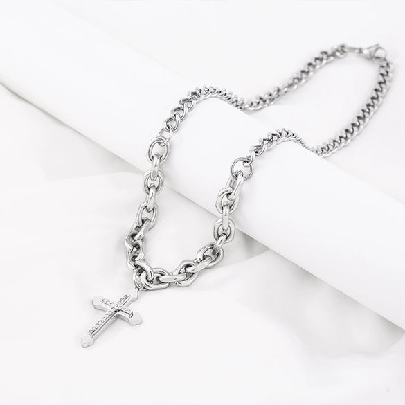 Titanium Steel Hiphop Style Geometric Diamond Cross Pendant Long Necklace