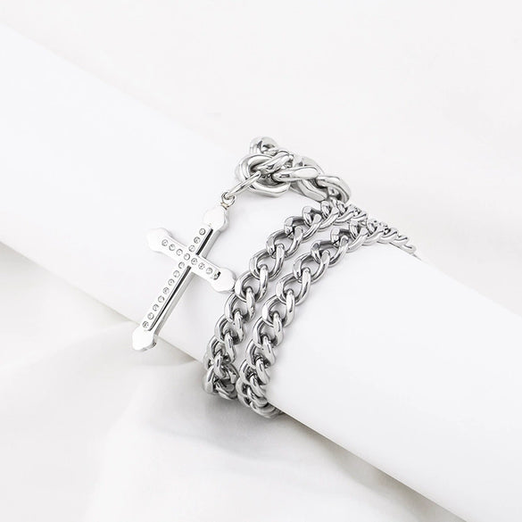 Titanium Steel Hiphop Style Geometric Diamond Cross Pendant Long Necklace