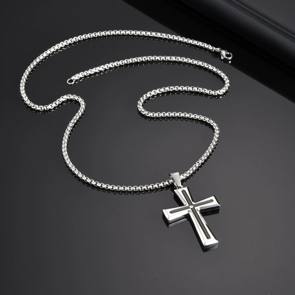 Titanium Steel Hiphop Stylish Geometric Micropaved Cross Pendant Necklace