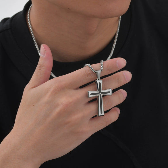 Titanium Steel Hiphop Stylish Geometric Micropaved Cross Pendant Necklace