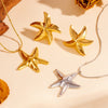 Titanium Steel Hollow Starfish Earrings And Necklace With Snake Chain And Plant Flowers Pattern 18Pvd Electroplated For Women