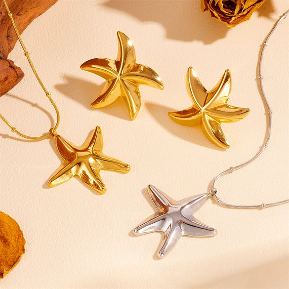 Titanium Steel Hollow Starfish Earrings And Necklace With Snake Chain And Plant Flowers Pattern 18Pvd Electroplated For Women