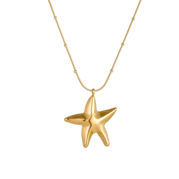 Titanium Steel Hollow Starfish Earrings And Necklace With Snake Chain And Plant Flowers Pattern 18Pvd Electroplated For Women