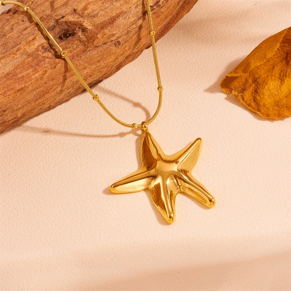Titanium Steel Hollow Starfish Earrings And Necklace With Snake Chain And Plant Flowers Pattern 18Pvd Electroplated For Women