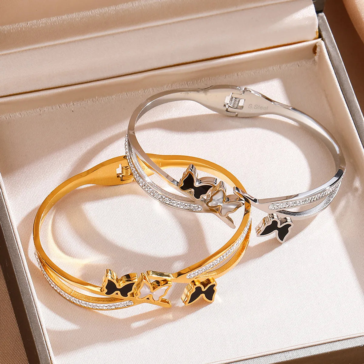 Titanium Steel IG Style Butterfly Plating Inlay Zircon Bangle