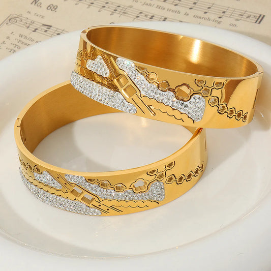 Titanium Steel Ig Style Flower Chains Print Plating Hollow Out Inlay Rhinestones Bangle