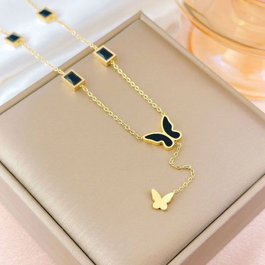 Titanium Steel IG Style Korean Style Plating Inlay Square Butterfly Zircon Pendant Necklace