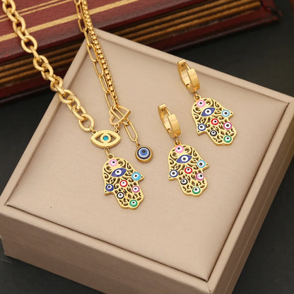 Titanium Steel IG Style Lady Bohemian Enamel Water Droplets Heart Shape Bell Jewelry Set