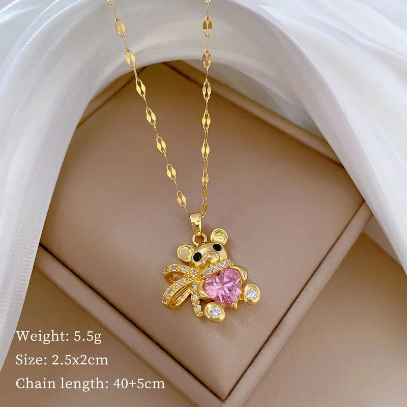 Wholesale Jewelry IG Style Little Bear Titanium Steel Artificial Gemstones Inlay Pendant Necklace