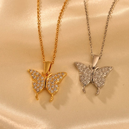 Titanium Steel IG Style Shiny Butterfly Inlay Zircon Pendant Necklace