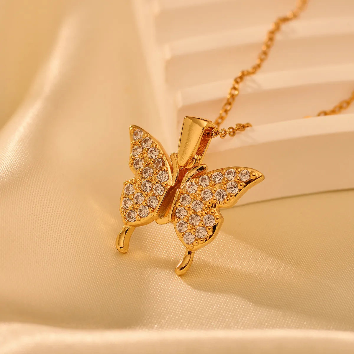 Titanium Steel IG Style Shiny Butterfly Inlay Zircon Pendant Necklace