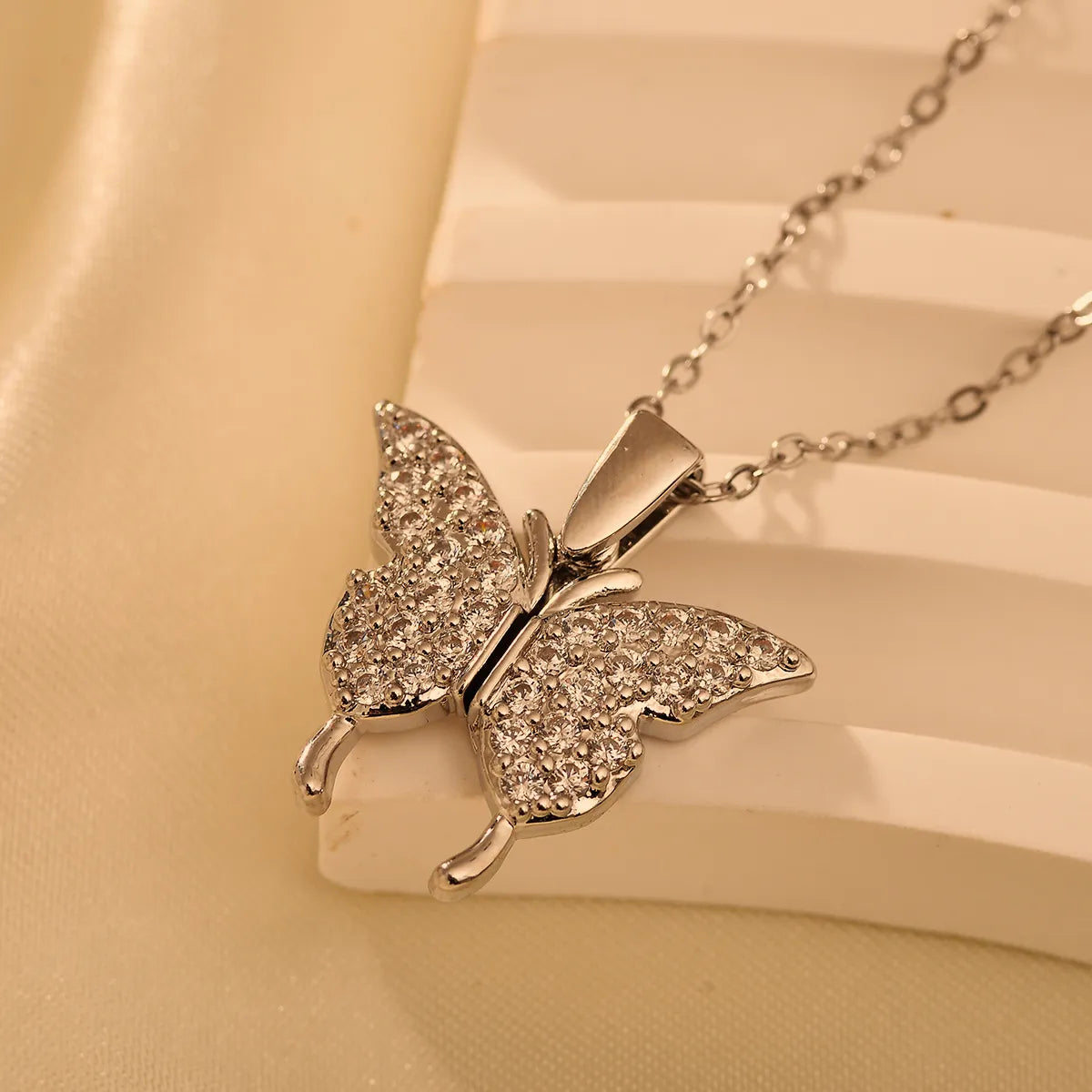 Titanium Steel IG Style Shiny Butterfly Inlay Zircon Pendant Necklace