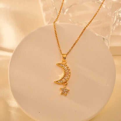 Titanium Steel IG Style Simple Style Shiny Star Moon Inlay Zircon Pendant Necklace